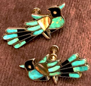 Rare Zuni attr Frank Vacit Screwbk Earrings Thunderbird Mosaic Inlay Pueblo Deco 5