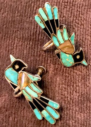 Rare Zuni attr Frank Vacit Screwbk Earrings Thunderbird Mosaic Inlay Pueblo Deco 6