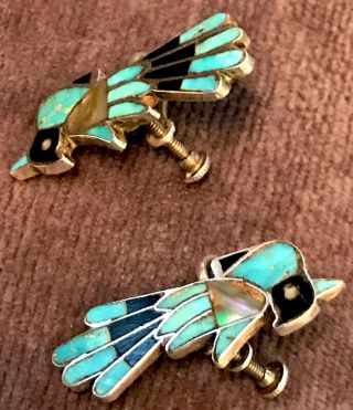 Rare Zuni attr Frank Vacit Screwbk Earrings Thunderbird Mosaic Inlay Pueblo Deco 7