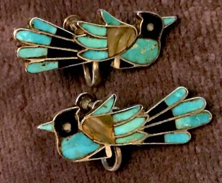 Rare Zuni attr Frank Vacit Screwbk Earrings Thunderbird Mosaic Inlay Pueblo Deco 9