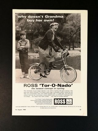 Vintage 1966 Ross Tor - O - Nado Grandma Buy Her Own Bicycle Full Page Ad