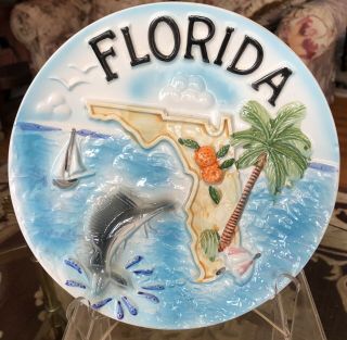 Vintage Florida Souvenir Wall Hanging Sailfish Sailboat Palm Blue Plate