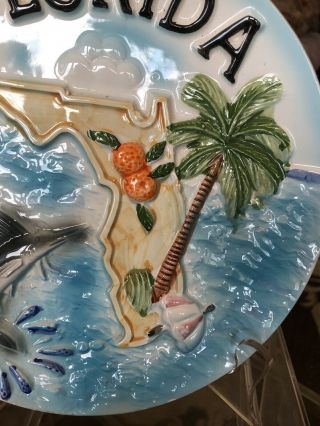 Vintage FLORIDA Souvenir Wall Hanging Sailfish Sailboat Palm Blue Plate 2