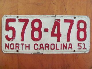 1951 North Carolina Nc License Plate Tag,  Vintage,  578 - 478,