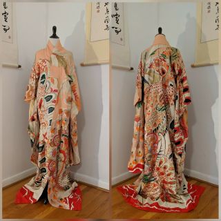 Kajuku Furisode • 1940s Vtg Japanese Coming - Of - Age Silk Embroidered Kimono