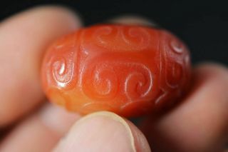 Tibetan Natural Red Agate Hand Carved Fret Totem Dzi Bead Amulet A19