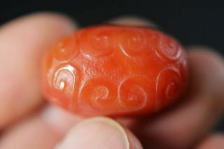 Tibetan natural red Agate hand carved Fret Totem dZi Bead Amulet A19 2