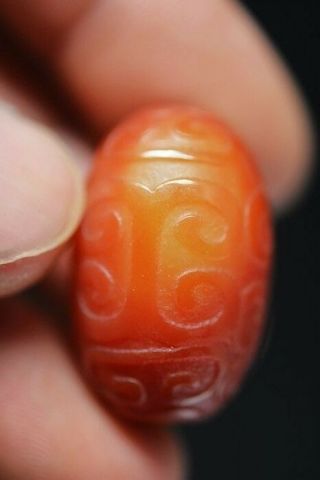 Tibetan natural red Agate hand carved Fret Totem dZi Bead Amulet A19 3