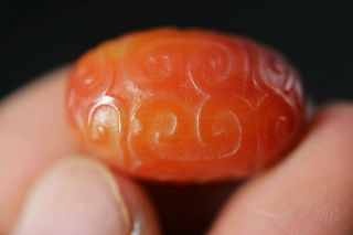 Tibetan natural red Agate hand carved Fret Totem dZi Bead Amulet A19 4