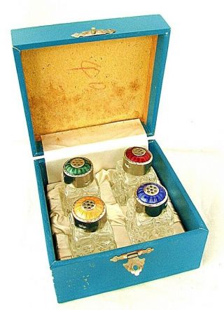 Cut Crystal Salt Shakers Guilloche Enamel Tops 4 Pc.  Boxed Set C.  1930 