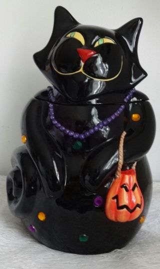 Vintage Unmark Halloween Black Cat W Pumpkin Bucket Very Cute Cookie Candy Jar