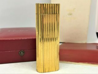 Auth Cartier K18 Gold - Plated Godron Striped Oval Lighter W Case Gold (78410)