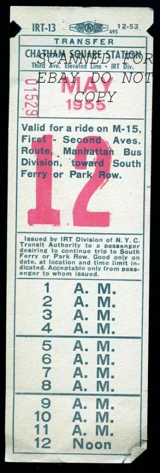 May 1955 Chatham Square Station Irt Vintage York City Subway Pass Ticket