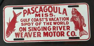 Vintage Nos 40s 50’s Motor License Plate Pascagoula Miss.  Weaver Motor