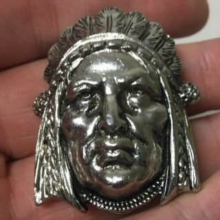 Vintage Chrome Indian Native American Head Pin Badge Ebmlem