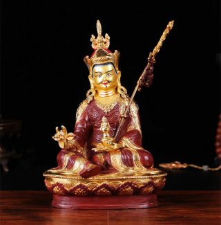 8 " Asian Antique Tibetan Buddhism Copper Gilt Hand Painting Padmasambhava Statue