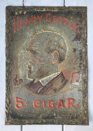 Antique Henry George Tin 5 Cent Cigar Sign Tuscarora Coshocton