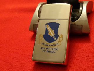 Rare Zippo Military Lighter 504th Inf (abn) Fort Bragg Slim 1980 Never Struck