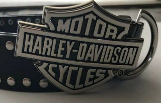 Harley Davidson Belt Buckle Silver Tone Studded Leather 36