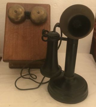 Antique Kellogg Candlestick Telephone With Oak Ringer Box 1900 