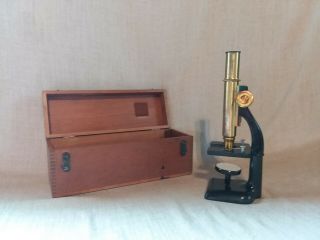 Vintage Bausch & Lomb Brass Metal Microscope 211436 W/ Dovetail Wood Box