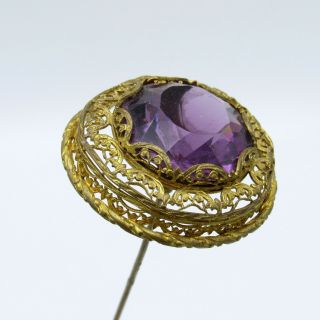 Antique Hatpin Large Purple Facet Stone With Brass Surround Hat Pin,  Nr
