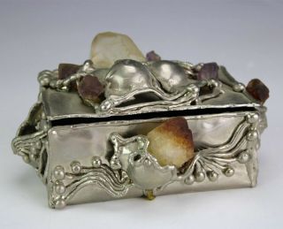 Mid Century Modern Mcm Brutalist Silvertone Jewelry Trinket Storage Coin Box Iop