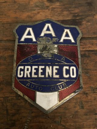 Old Greene County Ohio Automobile Club Aaa Enameled Badge License Plate Topper