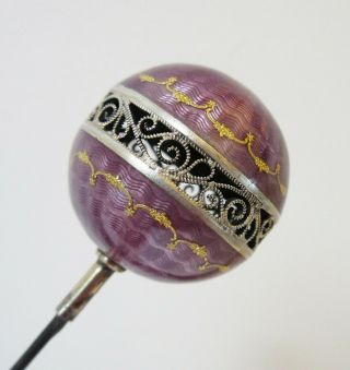 Antique Large Hatpin Exceptional Purple Guilloche Ball 2
