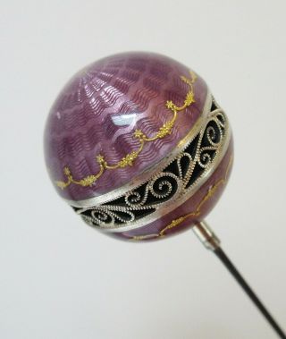 Antique Large Hatpin Exceptional Purple Guilloche Ball 3