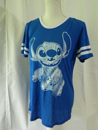 Disney Parks Stitch Womens Large Blue Top Football Jersey Shirt Established 02