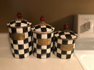 Great 3 Pc Mackenzie Childs Courtly Check Enamelware Canister Set With Lids