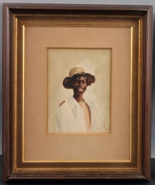 Antique 1907 Folk Art Black Americana Portrait Watercolor Painting by Hugo 2