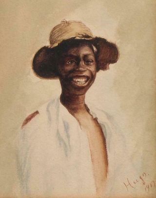 Antique 1907 Folk Art Black Americana Portrait Watercolor Painting by Hugo 3