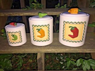 Vintage Clay Art Stone Pottery Lite Chili Pepper Canister Jar ▬ Set Of 3 ❤️j8