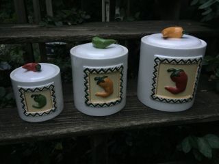 Vintage CLAY ART Stone Pottery Lite CHILI PEPPER Canister Jar ▬ Set of 3 ❤️j8 3