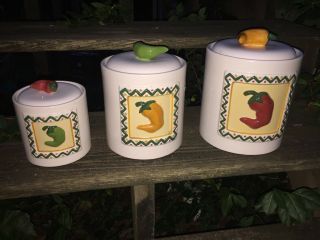 Vintage CLAY ART Stone Pottery Lite CHILI PEPPER Canister Jar ▬ Set of 3 ❤️j8 4
