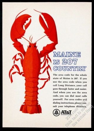 1967 Maine Red Lobster Art At&t Area Code 207 Vintage Print Ad