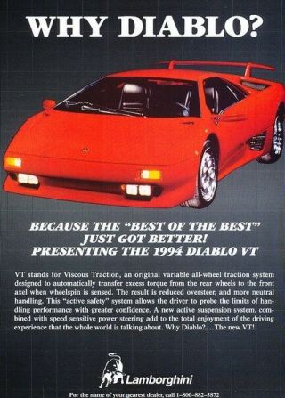 1994 Lamborghini Diablo Vt Advertisement Print Art Car Ad K15