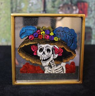 Dias De Los Muertos Catrina églomisé Hand Painted On Glass Mirror Peru Folk Art