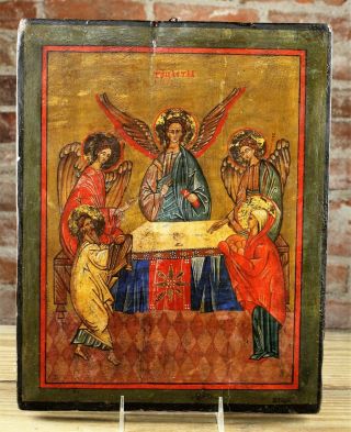 Antique Russian Icon Of " The Trinity " Hand Painted Wood Panel No Resrv