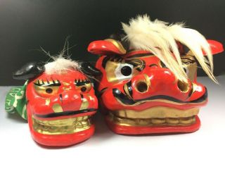 Japanese Shi Shi Lion Mask Head Doll Dance Foo Dog Folk Craft Hand Painted 001