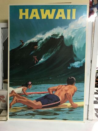 Vintage 1950s Hawaii Surfing Surfer Travel Poster,  Chas Allen