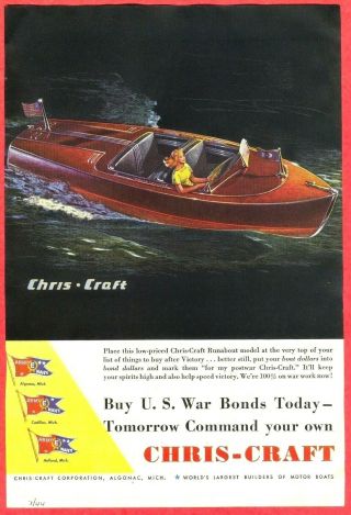 Vintage Color Ad 1944 Chris Craft Runabout Motorboat Boat Wwii Theme