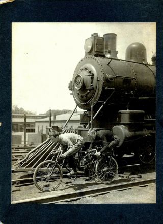 1900 Indian Motorcycle Founder Hedstrom Tandem Pacer Vs Train Albumen Photo