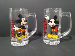 Disney Mickey Mouse And Minnie Mouse Clear Glass Mug Vintage Set Of 2 Wdw