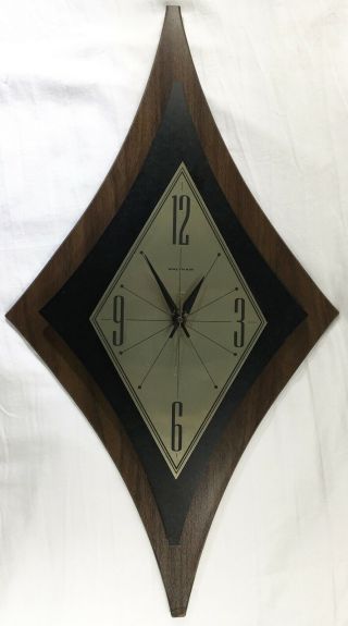 Waltham Vintage Wall Clock Diamond Starburst Mcm Mid Century Modern Wood Metal