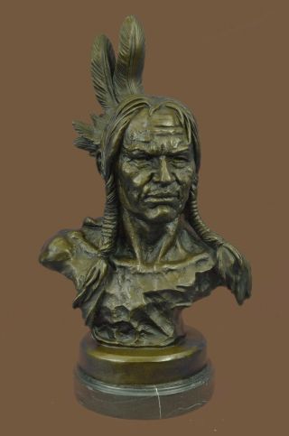 Native American Indian Chief Signed Bronze Bust Sculpture Statue Western Decor