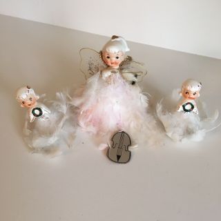 Vintage Holt Howard Porcelain Angel White Feather Christmas Tree Topper Pink Set