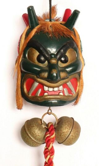 Japanese Bell Demon Devil Ogre Green Red Hanging Lucky Charm Ornament Vintage